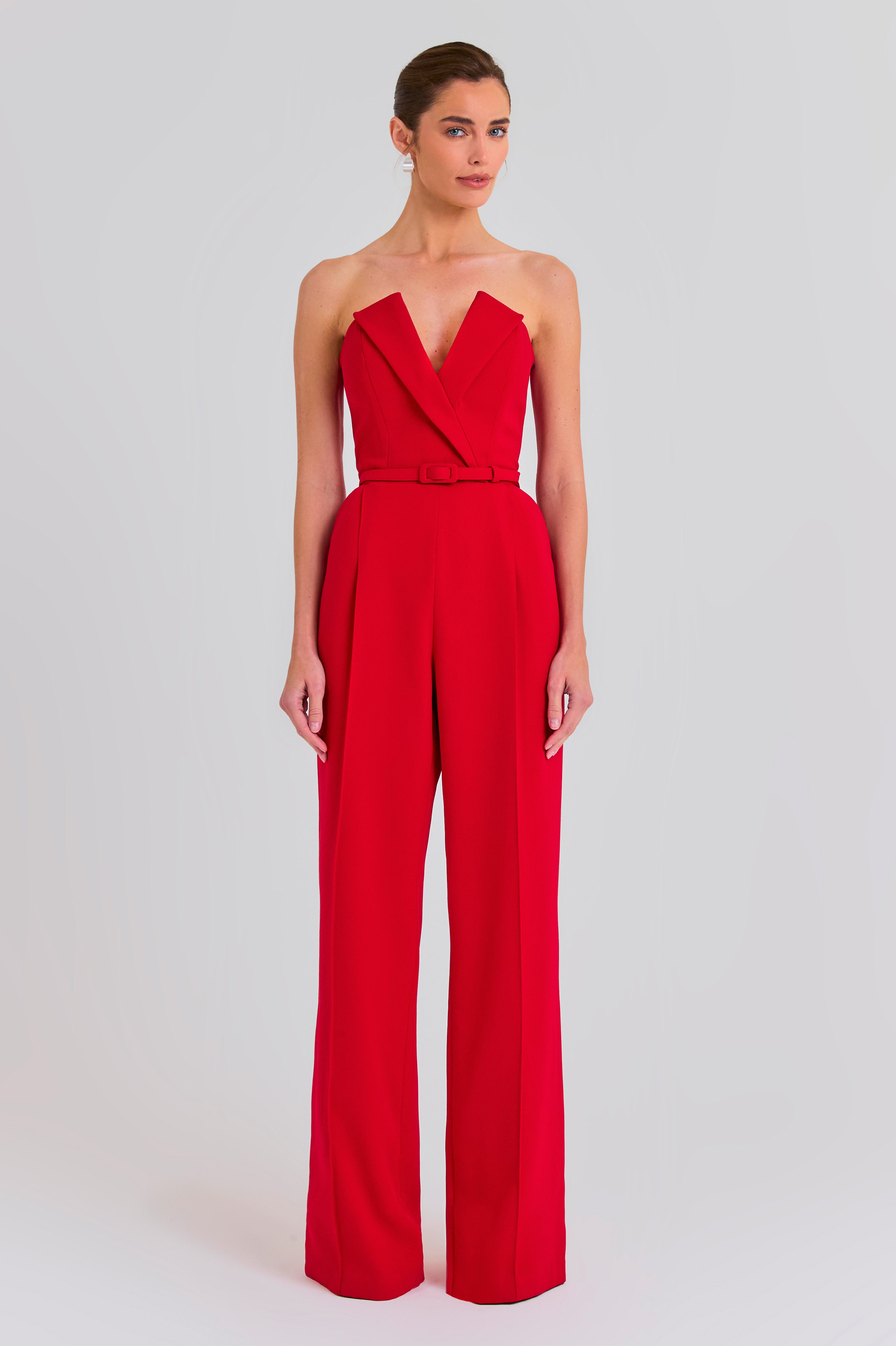 Red shops jumpsuit evening wear