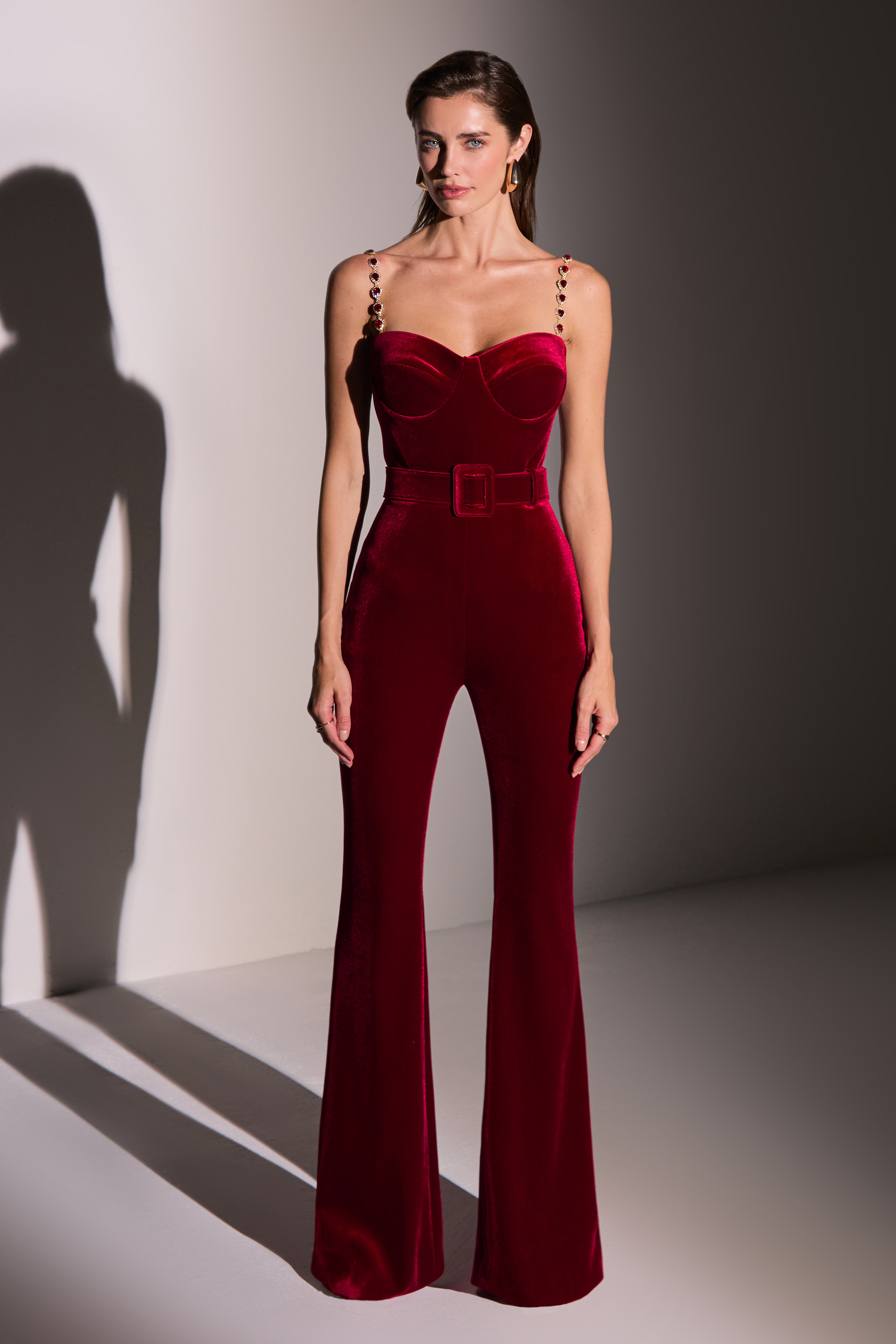 Red flare jumpsuit on sale